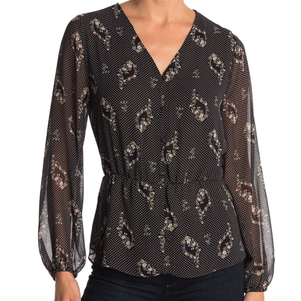 NeW - Pleione Long Sleeve Peplum Black Floral Blouse XL